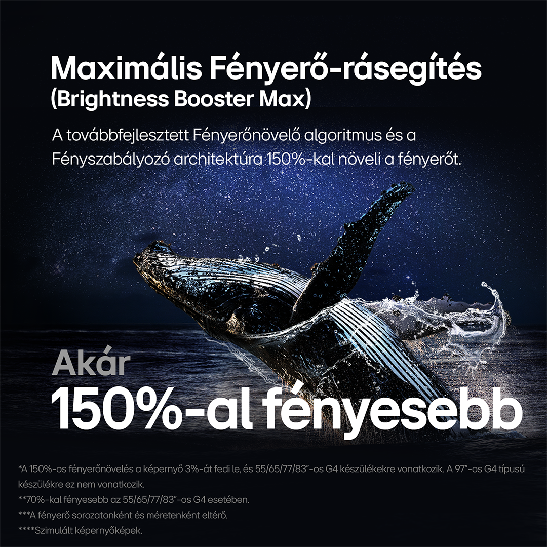 Egy bálna áttöri a vizet, vízfröccsenésekkel és szöveggel sötét háttéren.