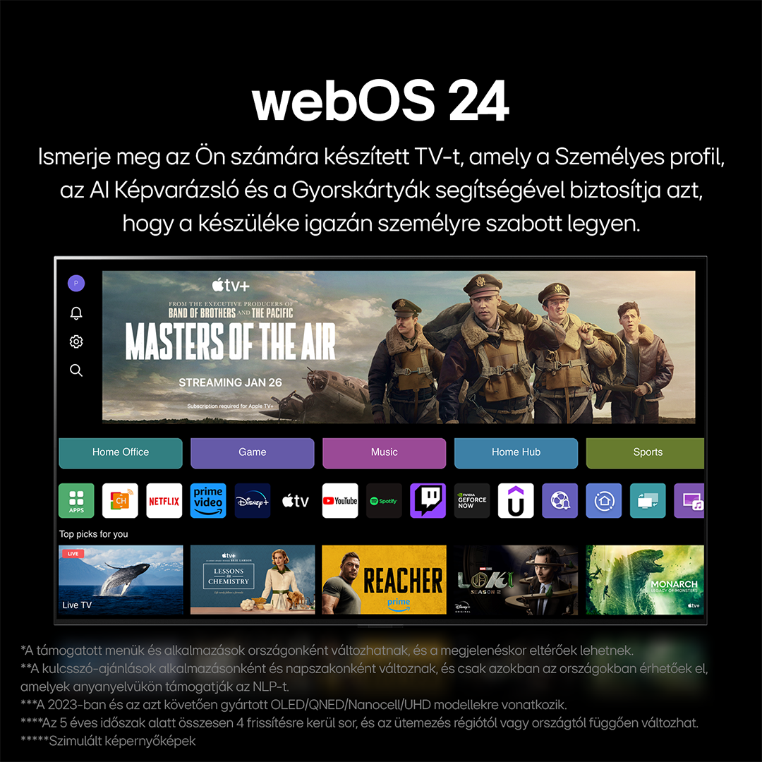 TV képernyő filmválasztó felülettel, webOS 24 logóval és szöveggel.