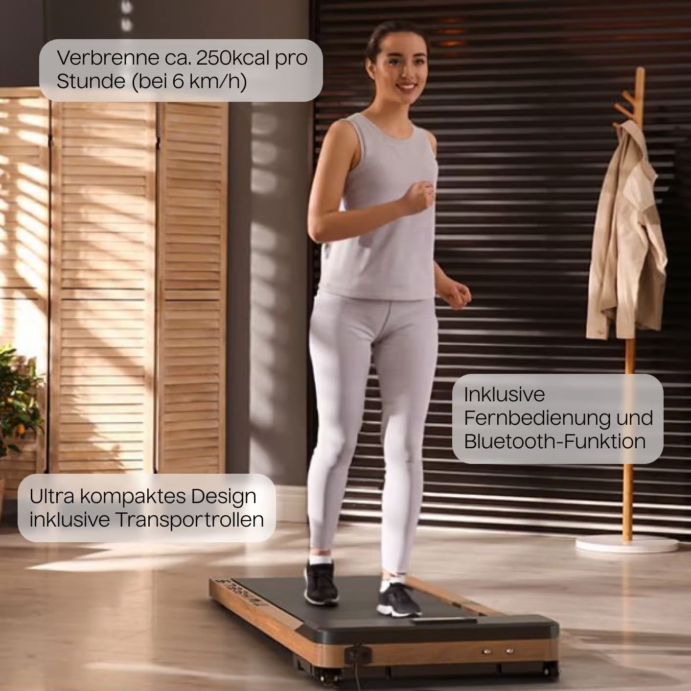 Femme courant sur tapis roulant. Texte indique 250kcal/heure et Bluetooth.