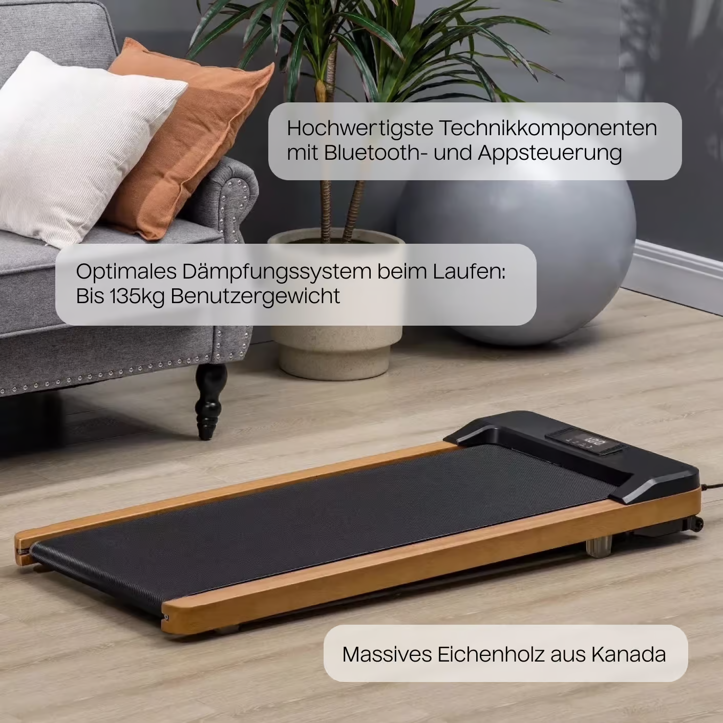 Un tapis roulant en bois sur un sol en bois, avec des superpositions de texte. Canapé et plante en arrière-plan.