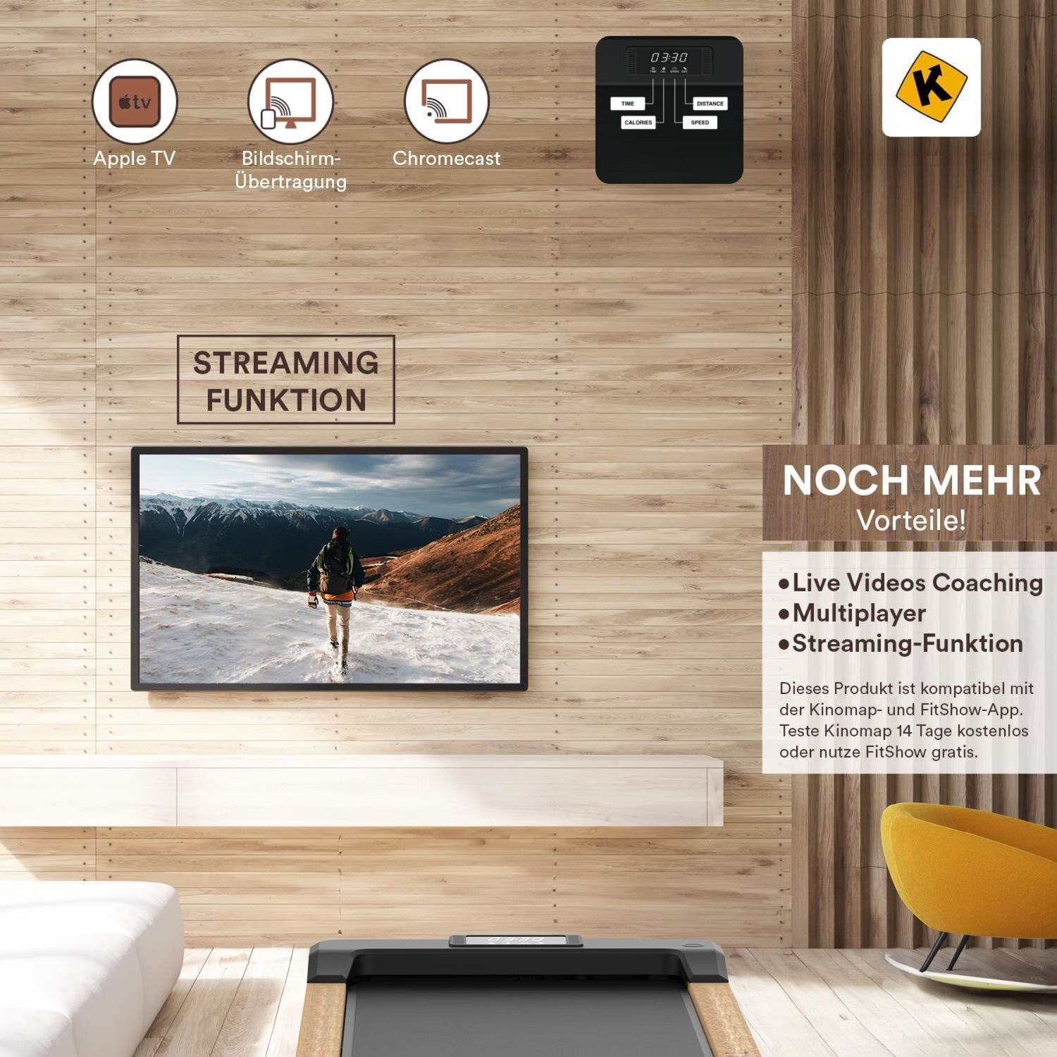Tapis de course avec TV montrant un paysage enneigé, entouré d'options de streaming.