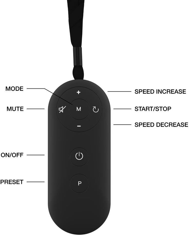Télécommande noire avec des boutons pour le mode, le silence, la vitesse et les fonctions d'alimentation.