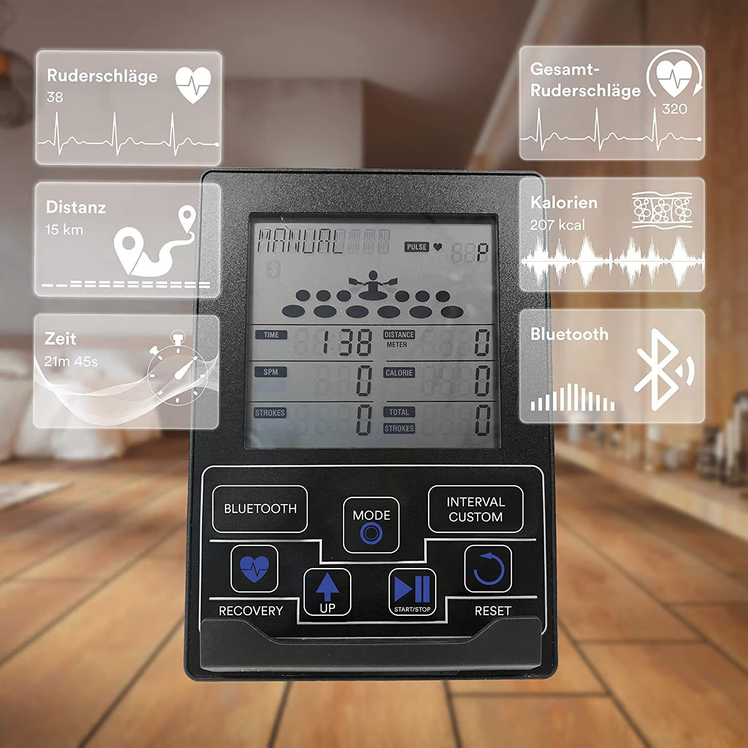 Affichage d'un rameur affichant les statistiques : temps, distance, SPM, calories, coups, Bluetooth et autres mesures.