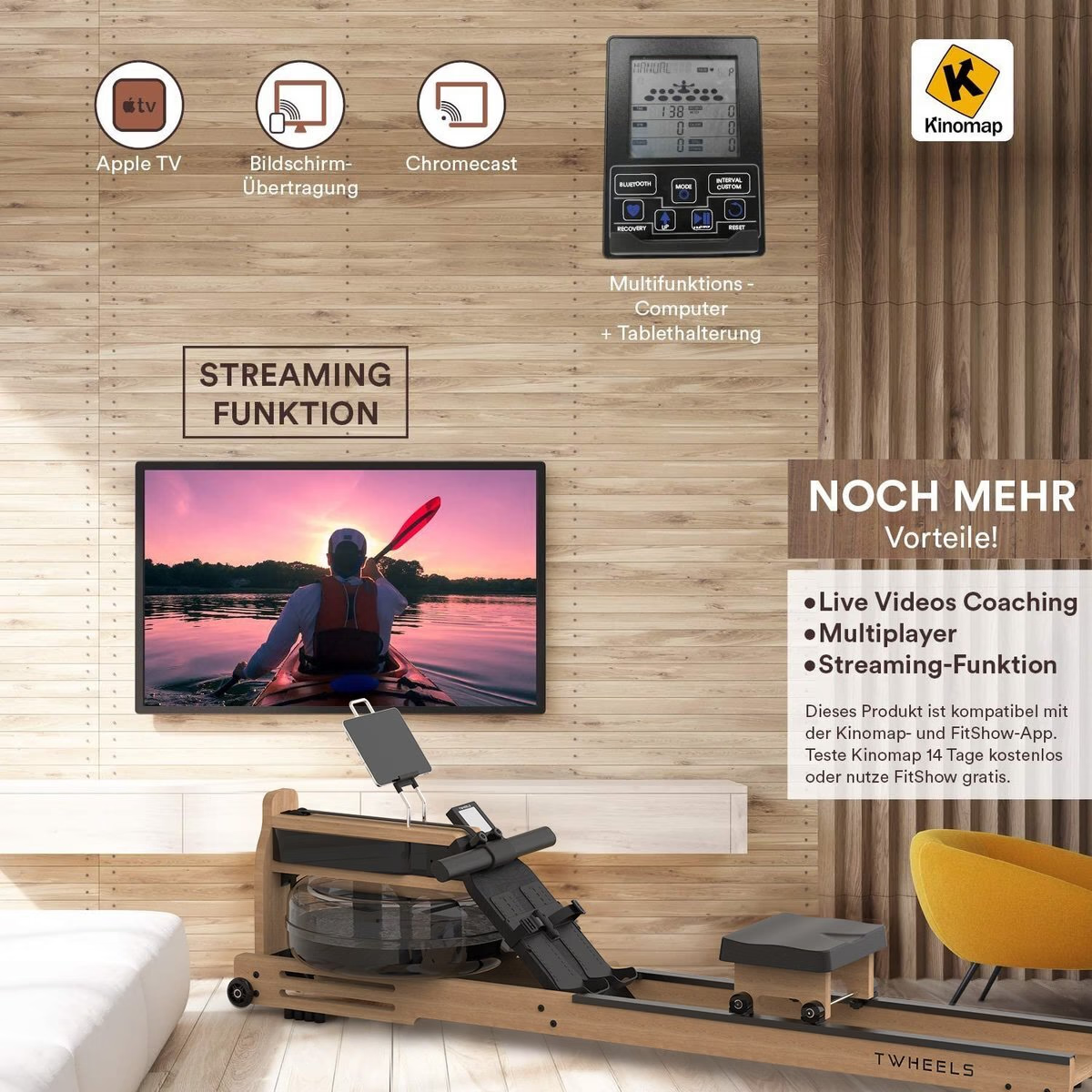 Salle de sport à domicile avec TV, vidéo de kayak, icônes de streaming.