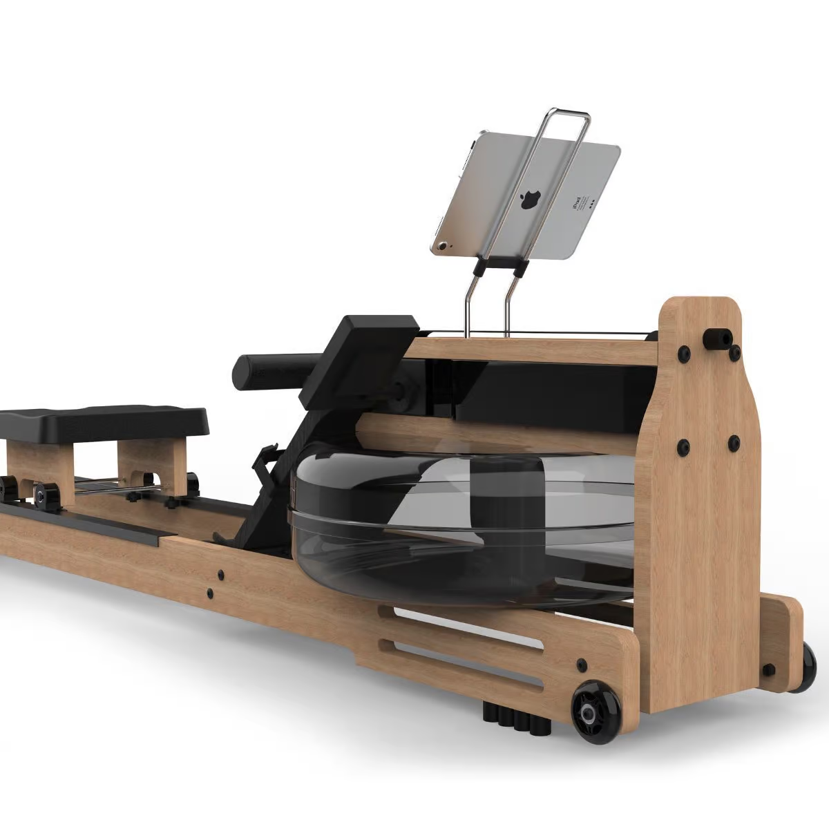 Rameur en bois avec un support pour tablette et un réservoir d'eau.