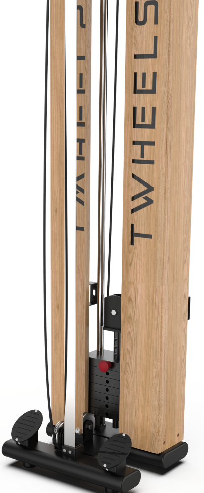 Équipement de gym TWheels. Cadre en bois avec câbles et poids. Base noire.