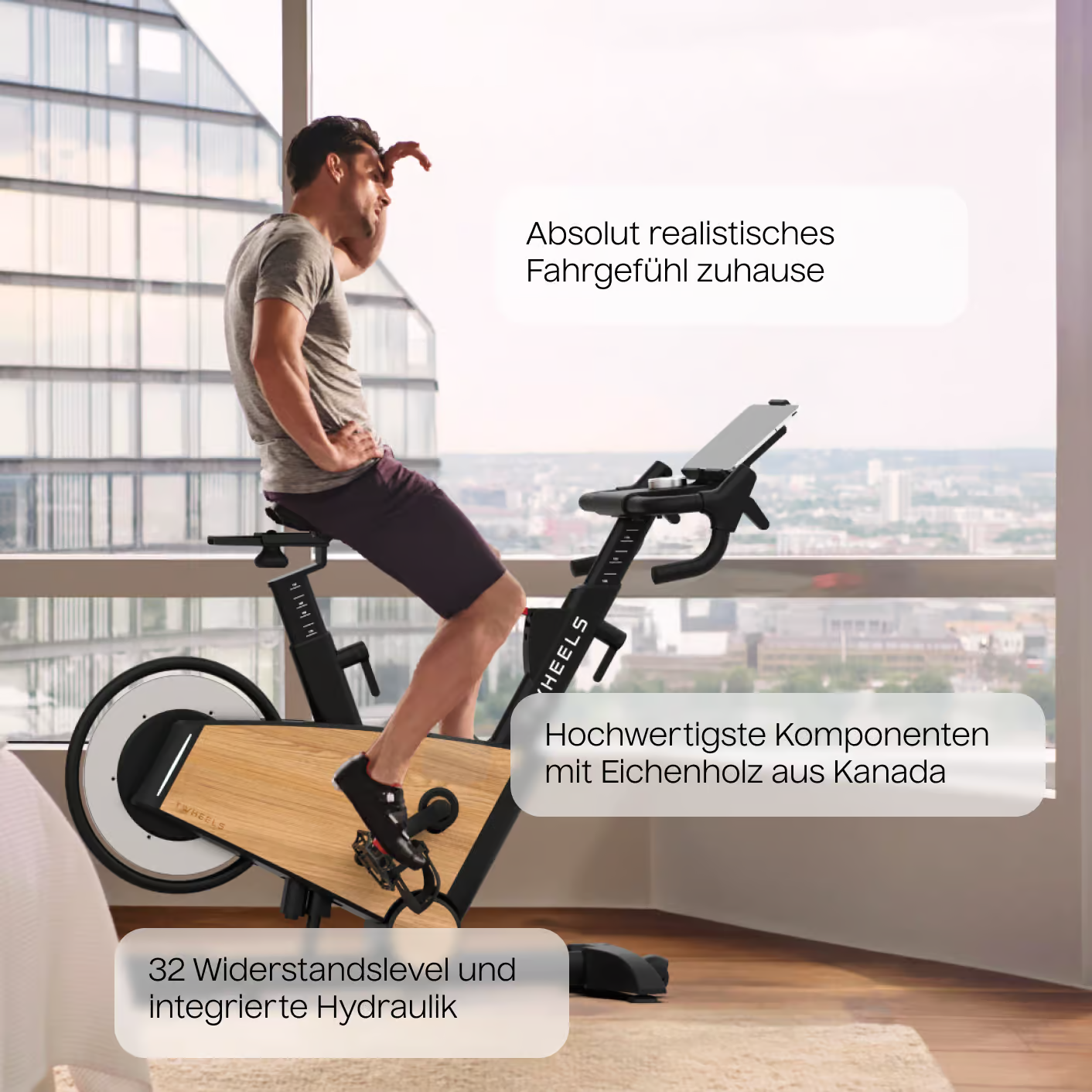 Homme sur un vélo d'exercice près d'une fenêtre, avec du texte sur les composants et la résistance.
