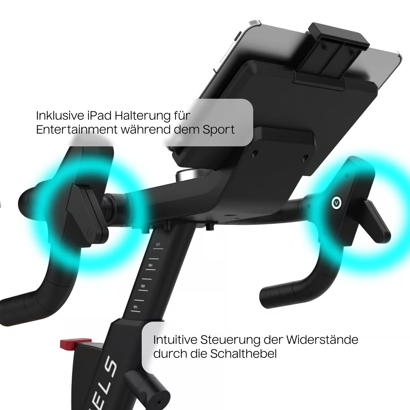 Guidon de vélo d'exercice avec support pour iPad. Les textes montrent les fonctions et les commandes. Le fond est blanc.