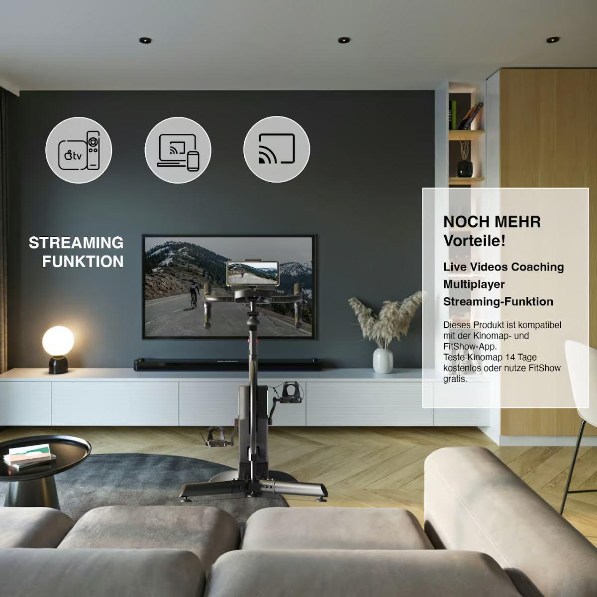 Salon avec vélo stationnaire, TV et éléments de maison intelligente.