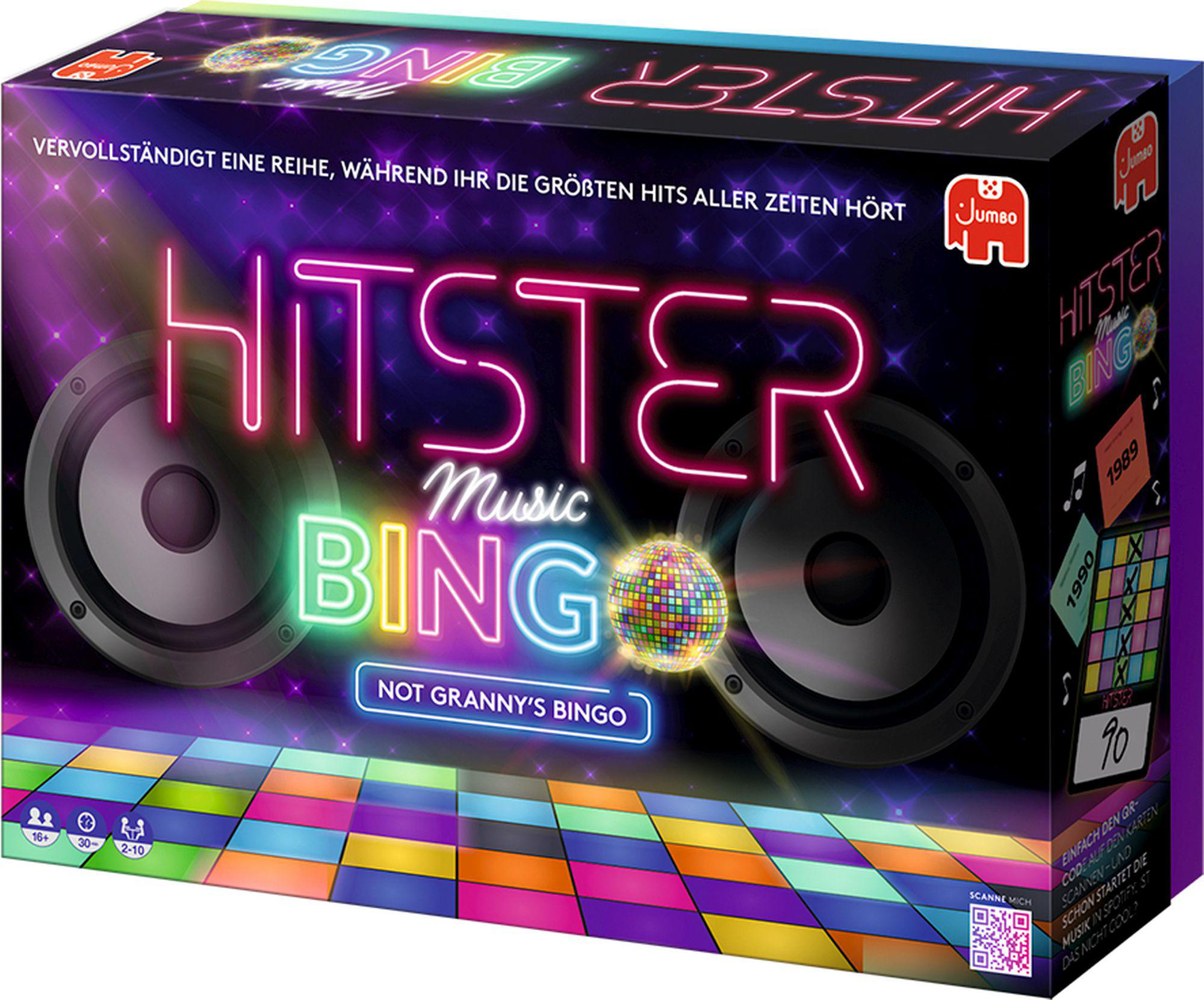 Schachtel für das Hitster Music Bingo Spiel. Mit Lautsprechern, Discokugel und Spielinfo. Lila Hintergrund.