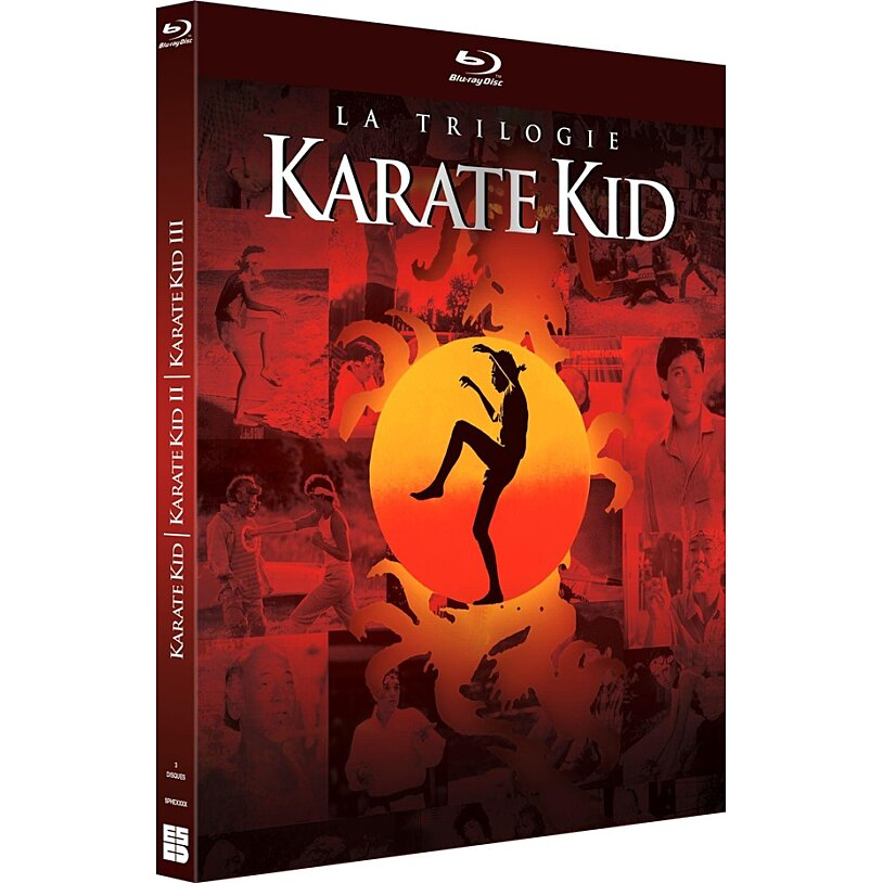 Coffret Blu-ray de la trilogie Karate Kid. Comprenant des images des films, avec la silhouette d'un karatéka.