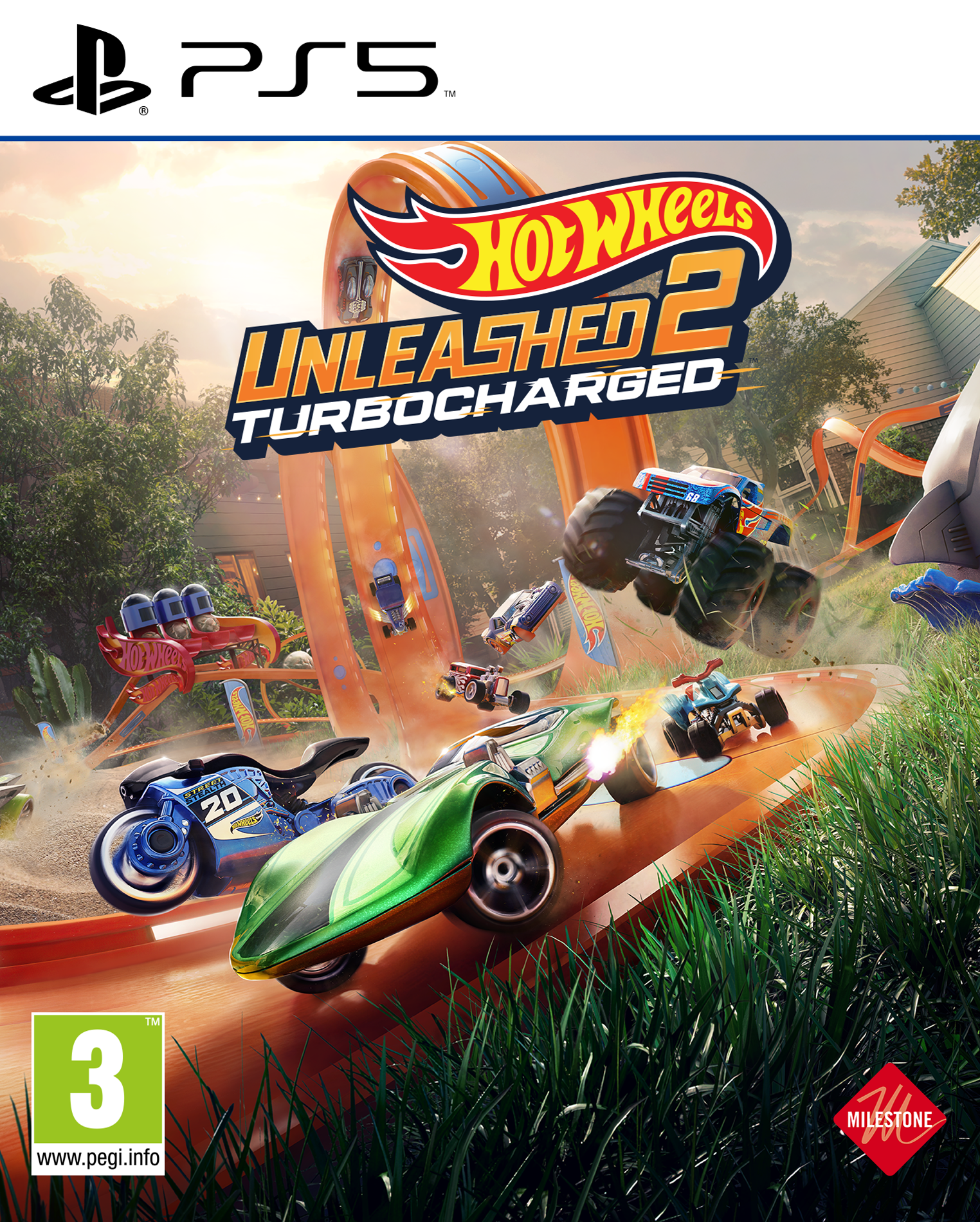 Okładka gry Hot Wheels Unleashed 2 Turbocharged na PS5, z samochodami wyścigowymi.