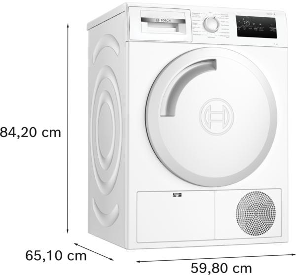 Eine weiße Waschmaschine mit den Maßen 84,20 cm Höhe, 65,10 cm Breite und 59,80 cm Tiefe.