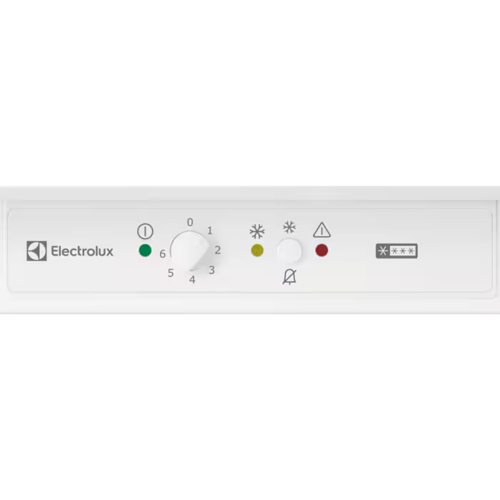 Ein weißes Gefrierschrank-Bedienfeld mit dem Electrolux-Logo, einem Drehregler und Kontrollleuchten und Einstellungen.