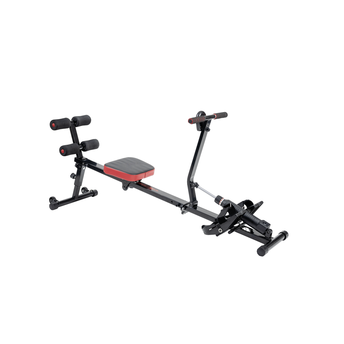 Schwarze Rudermaschine mit rotem Sitz und schwarzem Hintergrund.