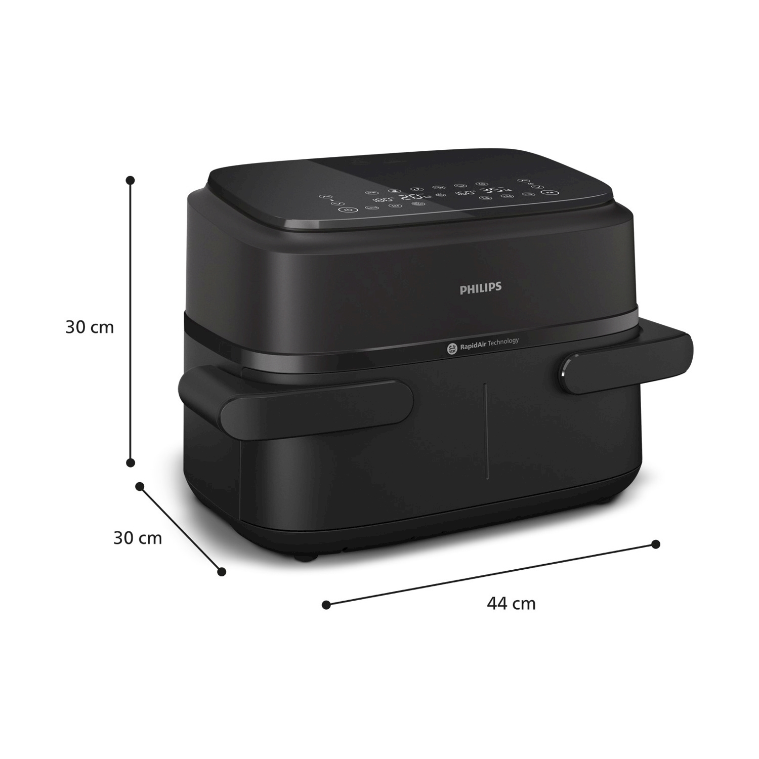 Friggitrice ad aria nera con dimensioni etichettate, che mostra la sua forma e dimensione.