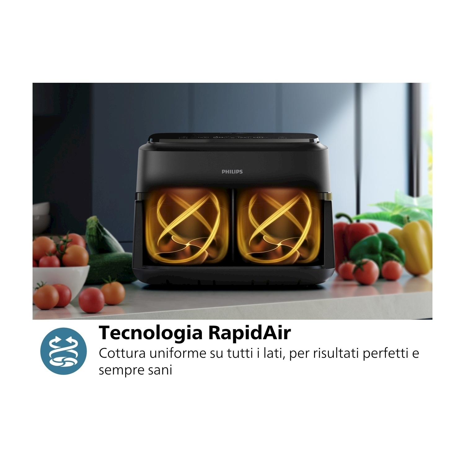 Friggitrice ad aria Philips, con due scomparti, che cucina cibo. Testo: Tecnologia RapidAir.