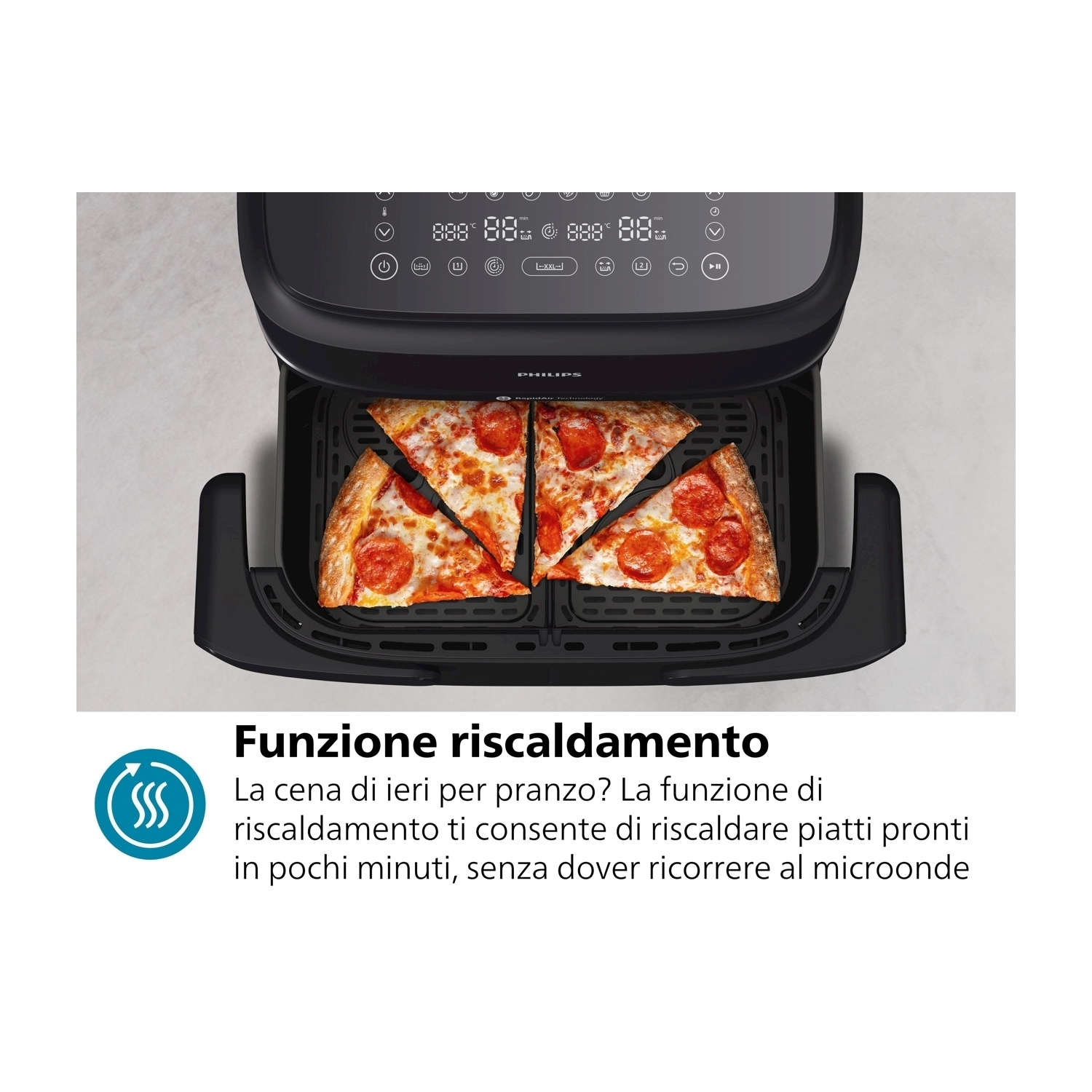 Friggitrice ad aria Philips nera con fette di pizza.