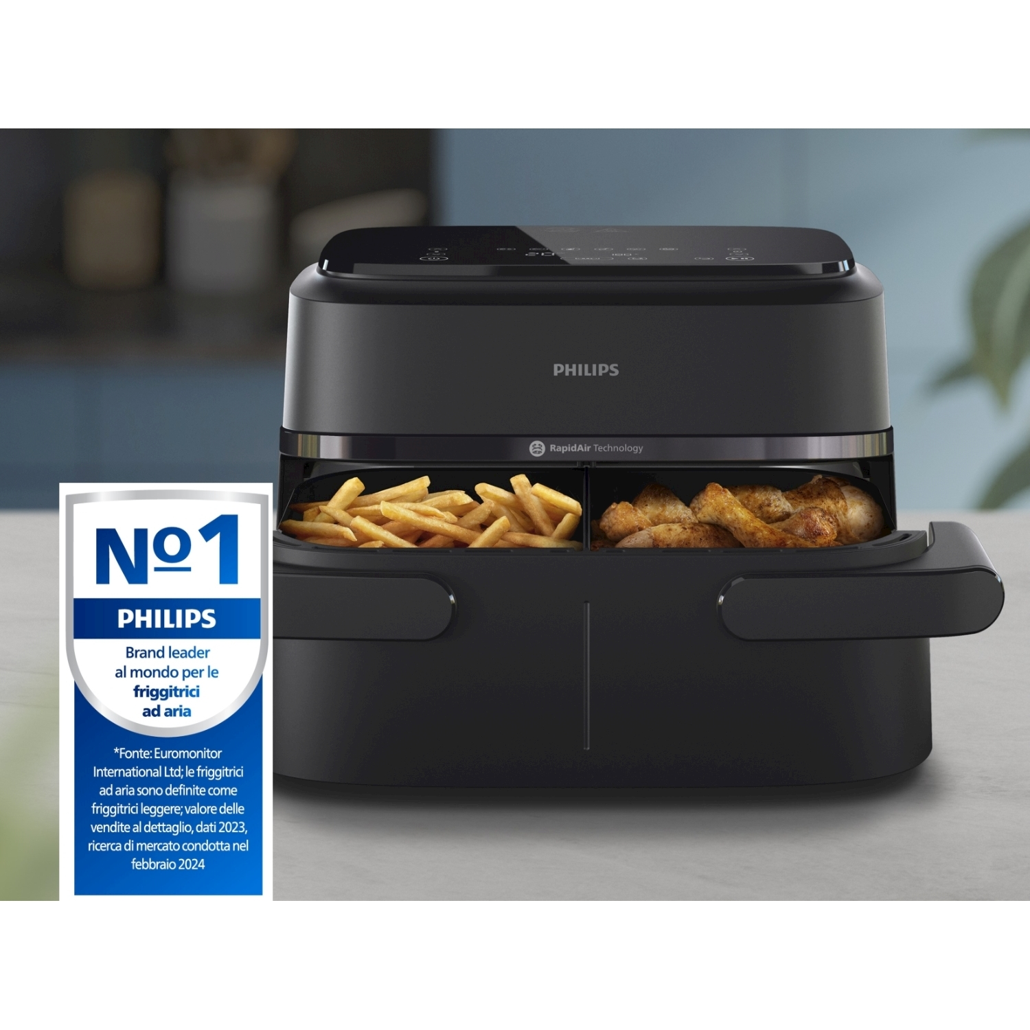 Friggitrice ad aria nera con cibo all'interno. Ha il marchio Philips e un'etichetta: N.1 Philips, leader del marchio.