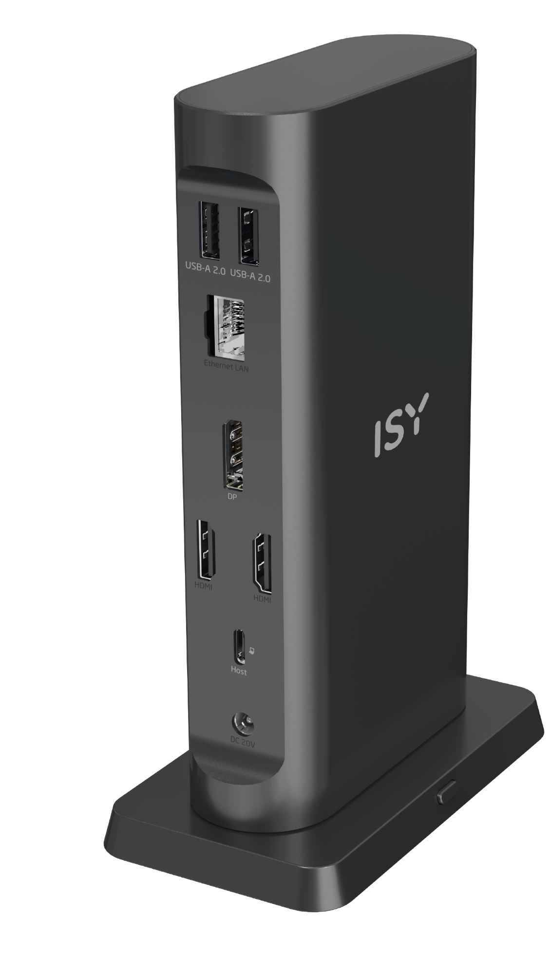 Czarna stacja dokująca. Widoczne liczne porty, w tym USB, HDMI i Ethernet.