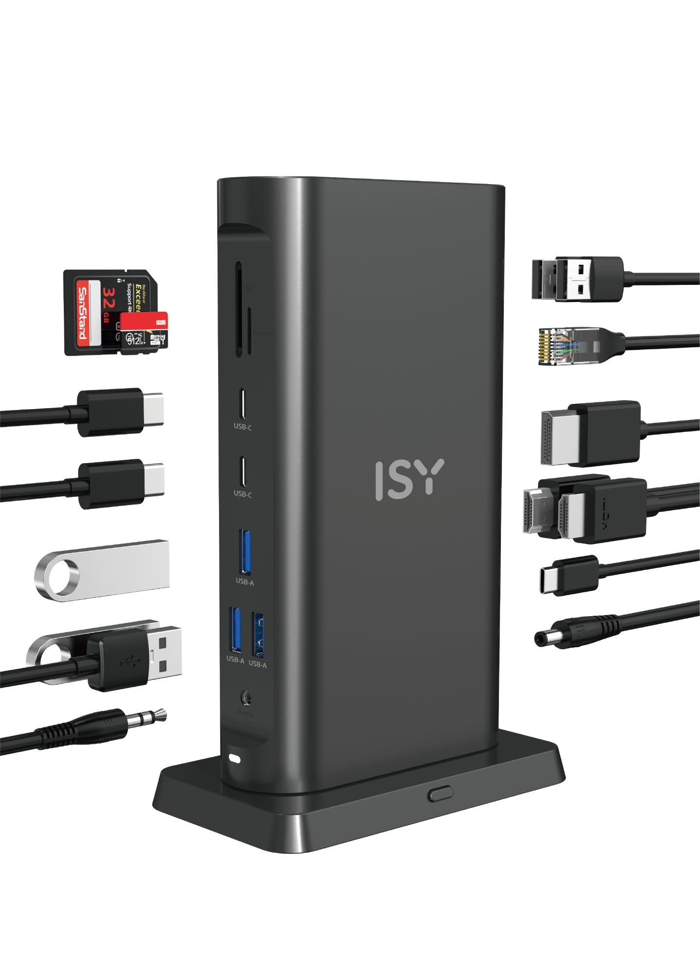 Czarny hub z wieloma portami i podłączonymi kablami. Na huba nadrukowano słowo „ISY”.