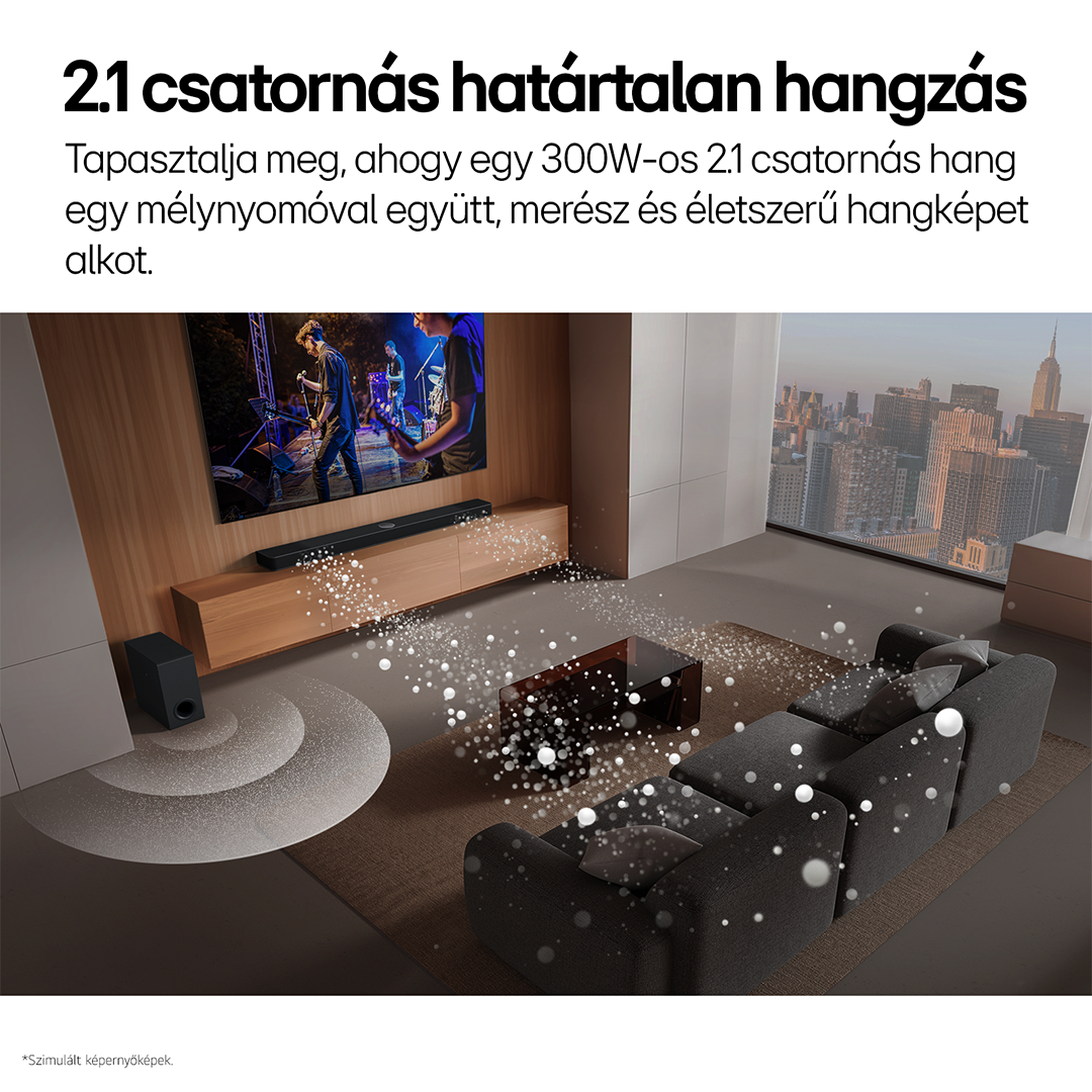 Nappali TV-vel, soundbarral és mélynyomóval. Animált hanghullámok áramlanak a hangszórókból.