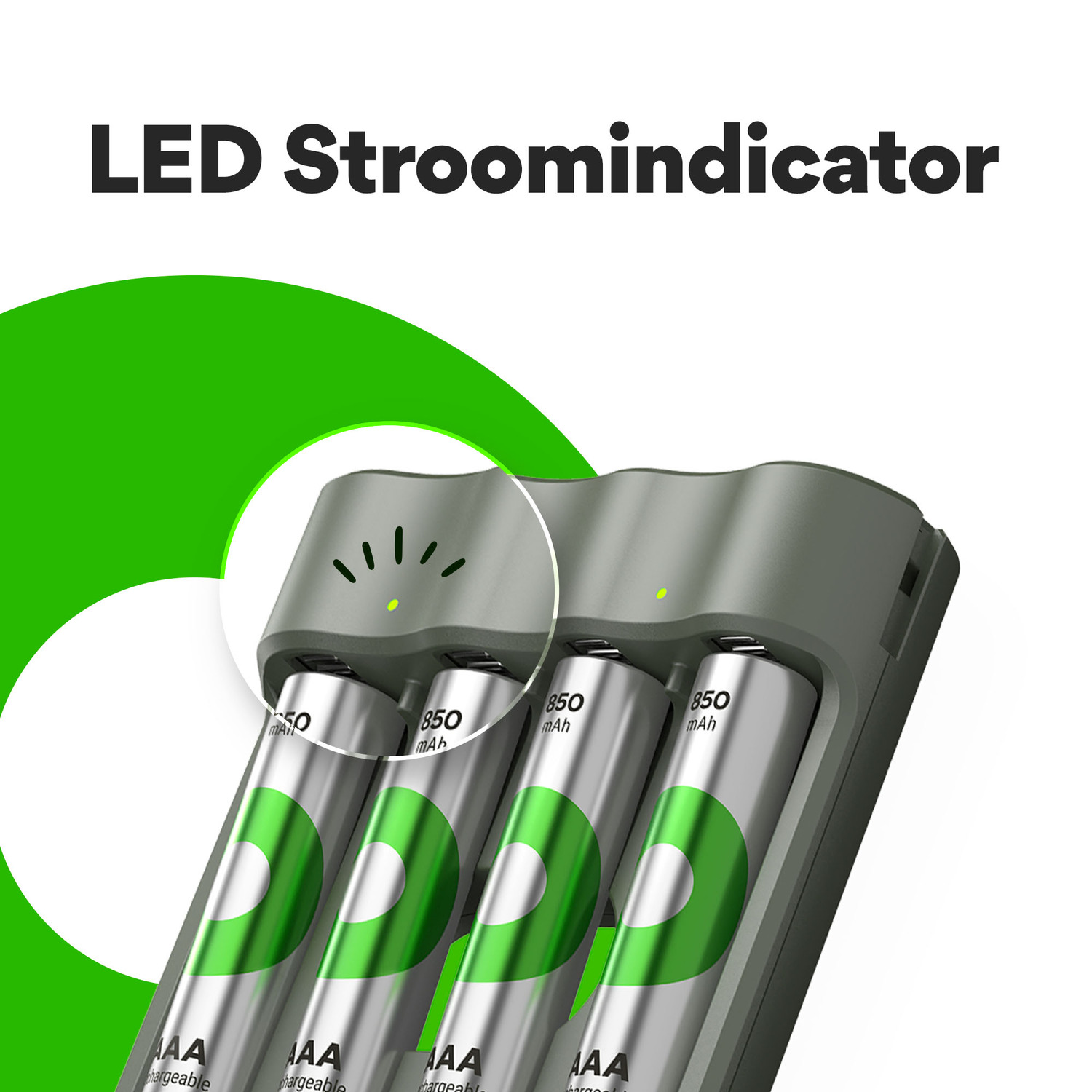 A charging station with 4 AA batteries, with a green LED light on.