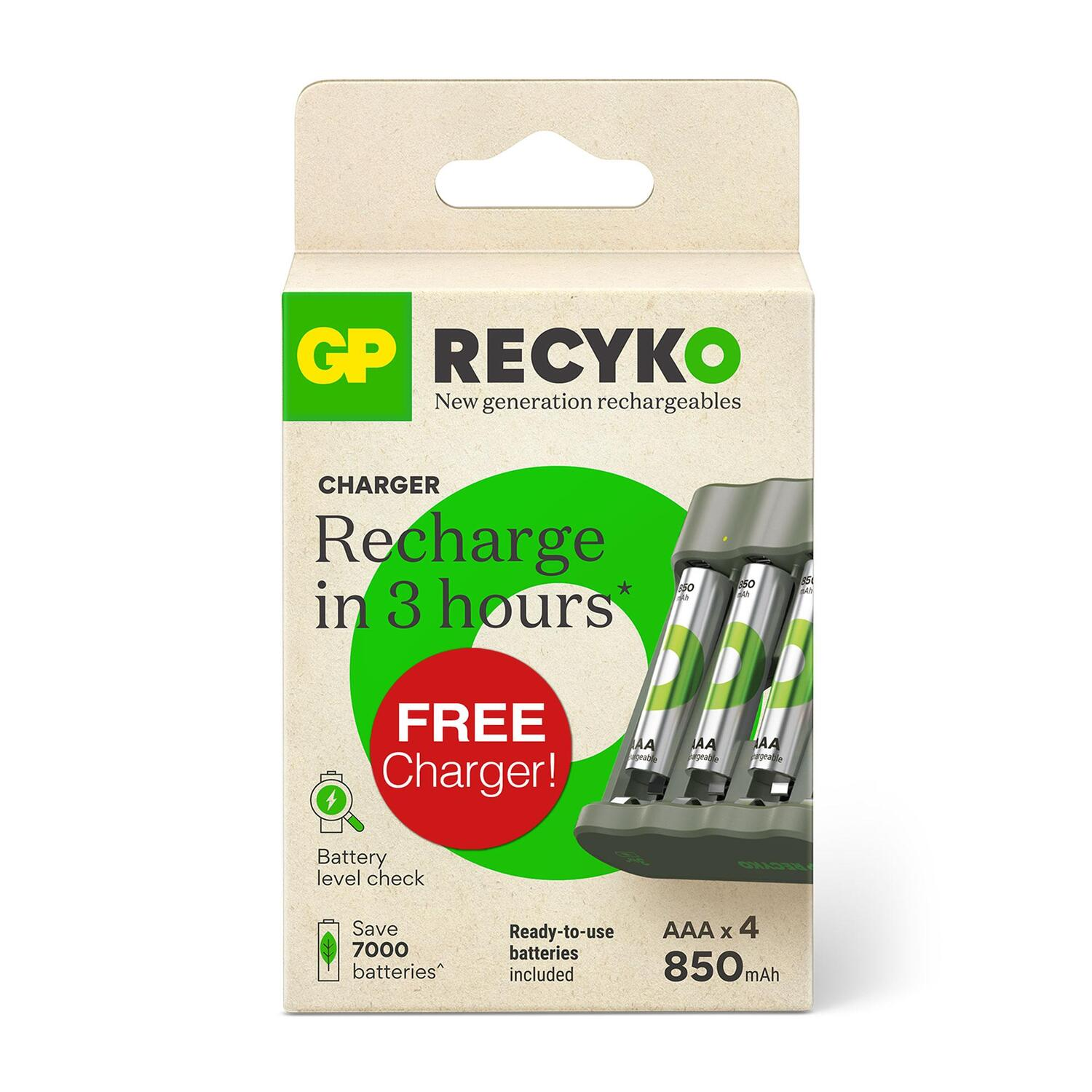 A box of GP Recyko rechargeable batteries with a charger, batteries visible.