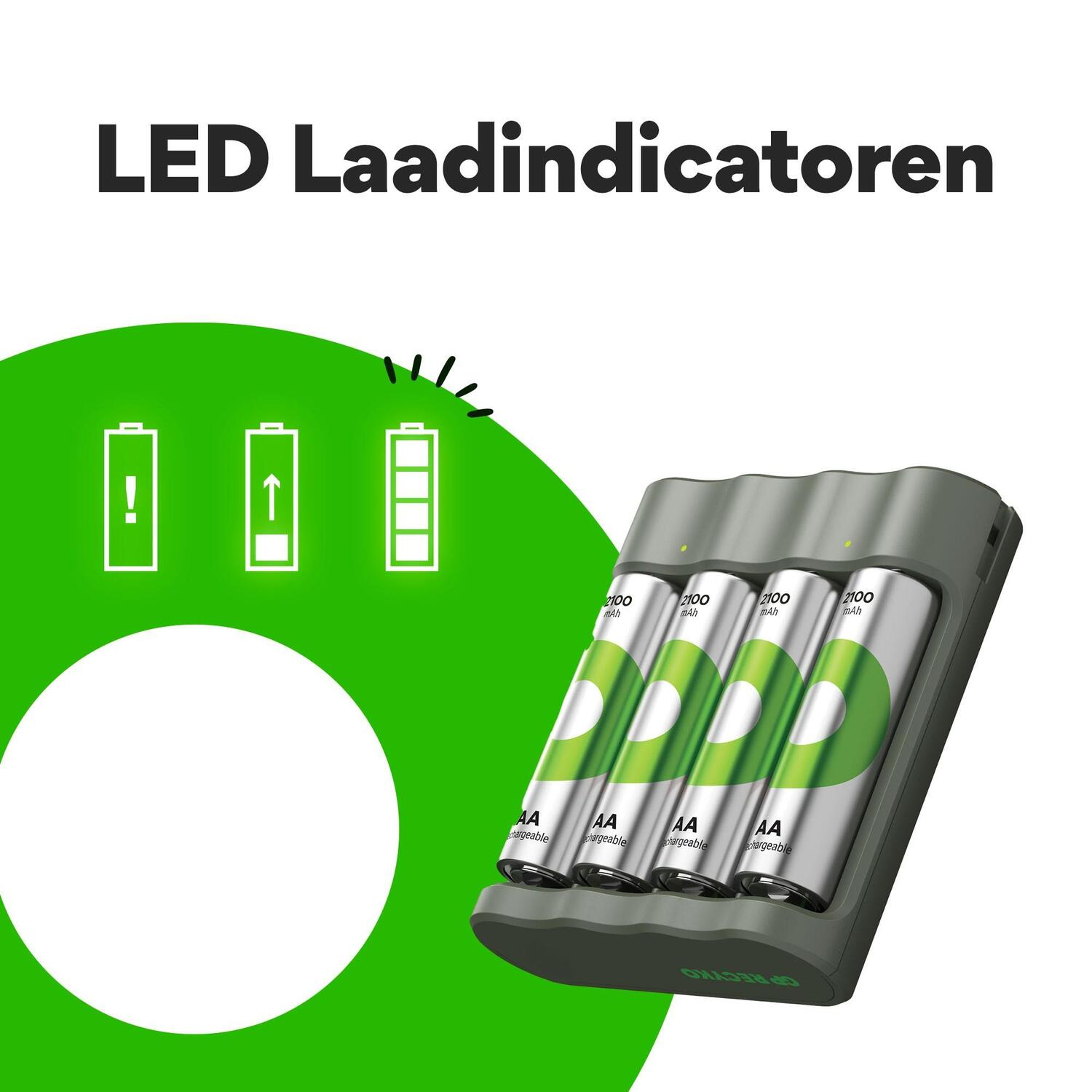 Charger with 4 AA batteries. Icons showing battery charging status. Green and gray design. White background.