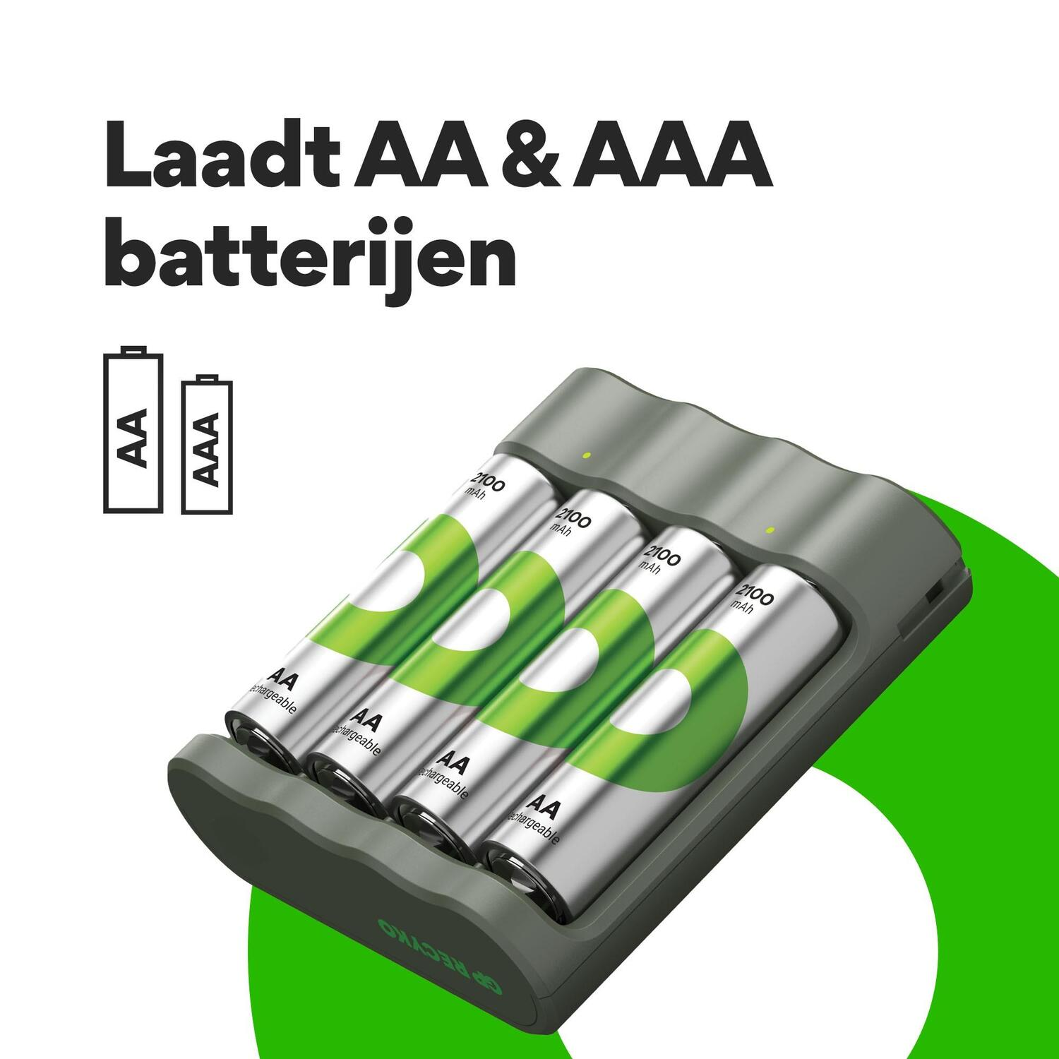 Battery charger with AA and AAA batteries. Green and gray design.