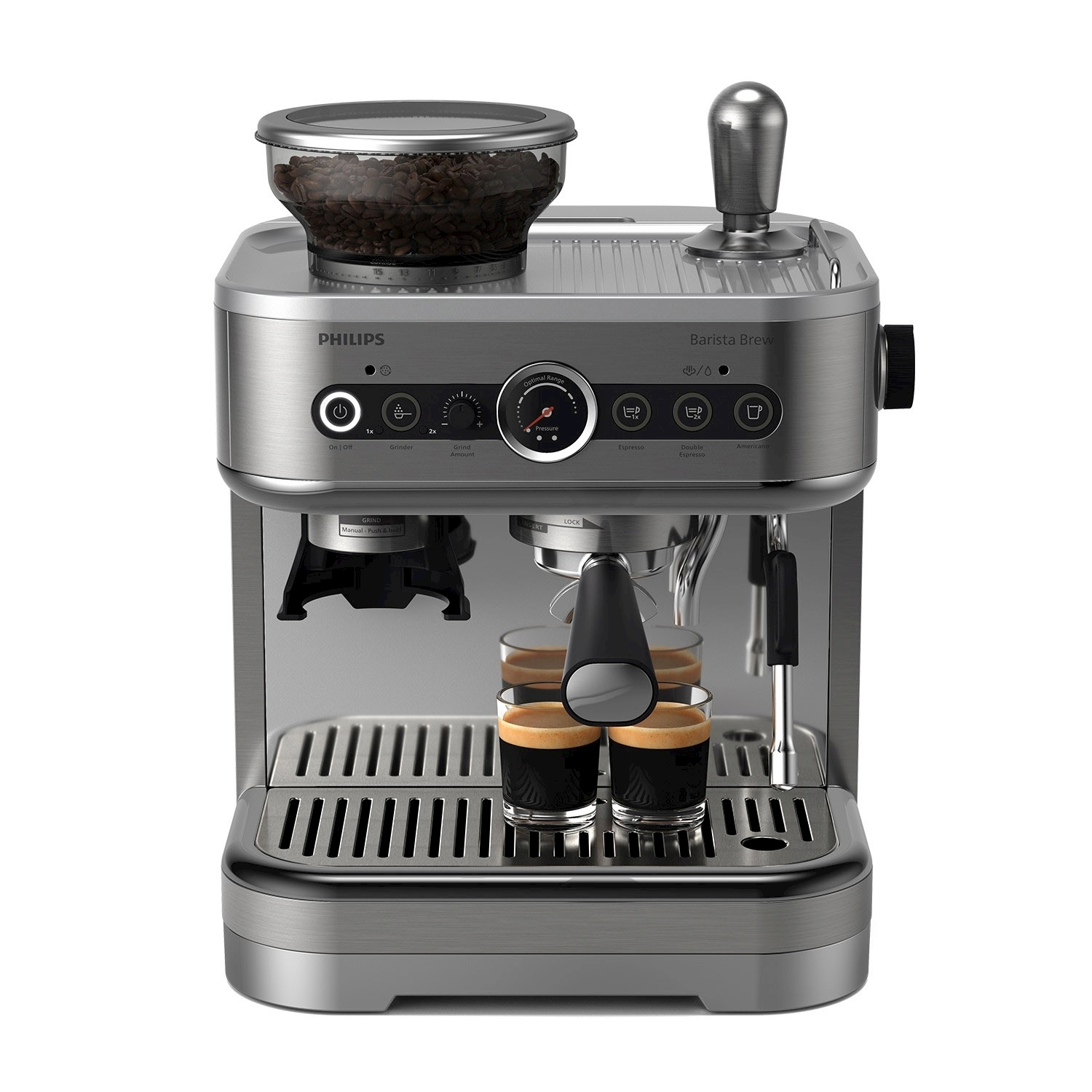 Macchina per caffè espresso con due caffè espresso e un contenitore di chicchi di caffè.