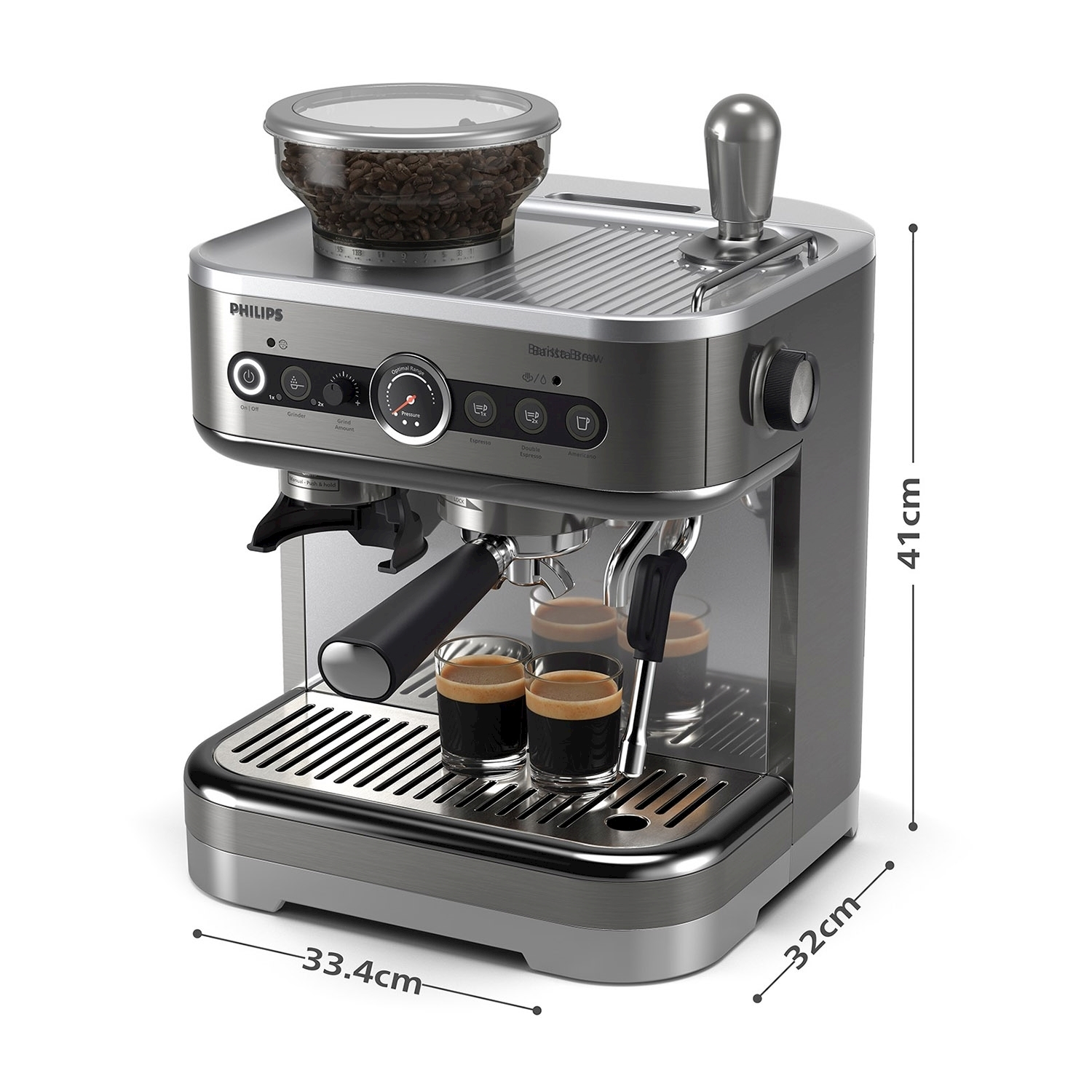 Macchina per espresso argento e grigio con contenitore per chicchi e due caffè.