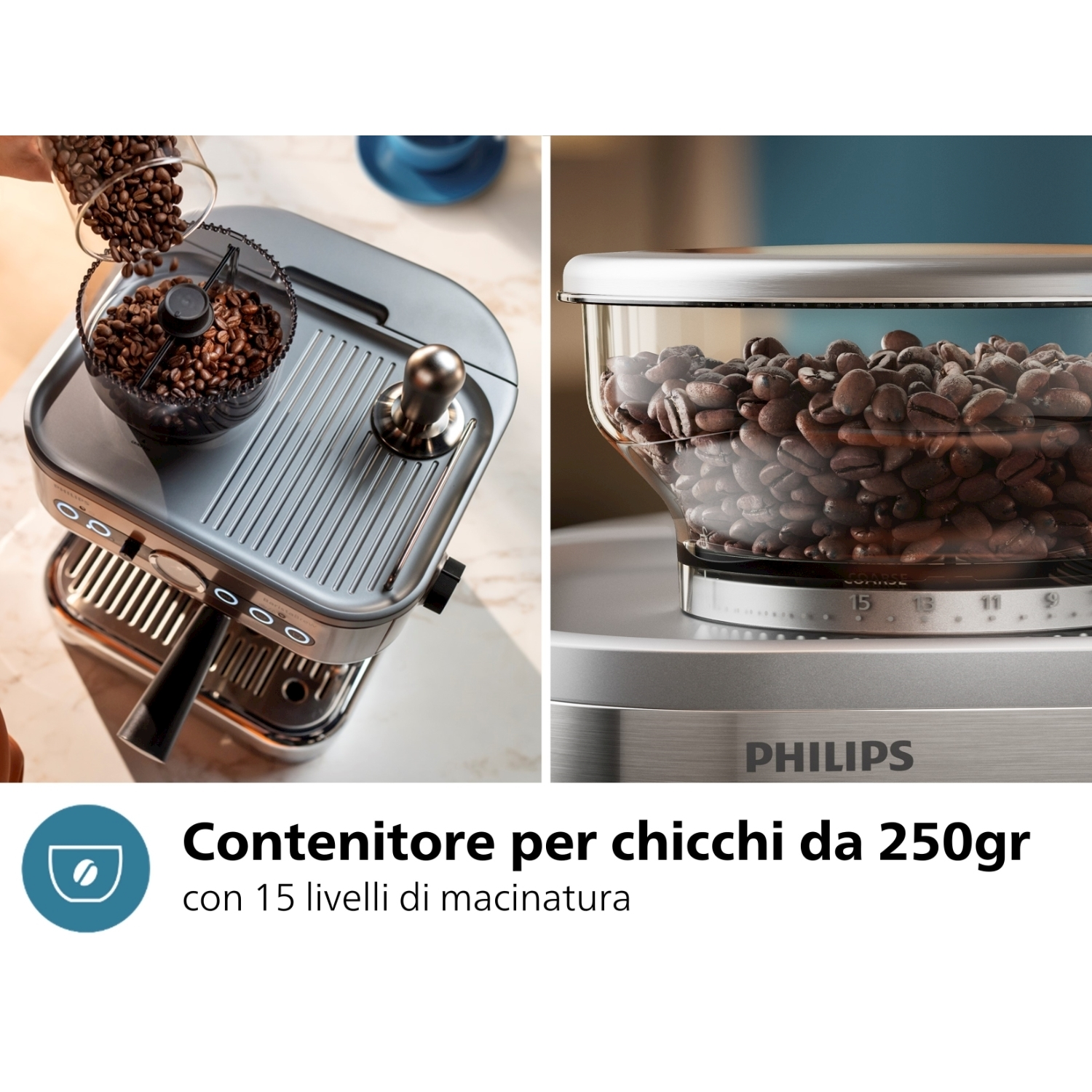 Macchina per espresso con chicchi di caffè nella tramoggia e un contenitore di vetro.