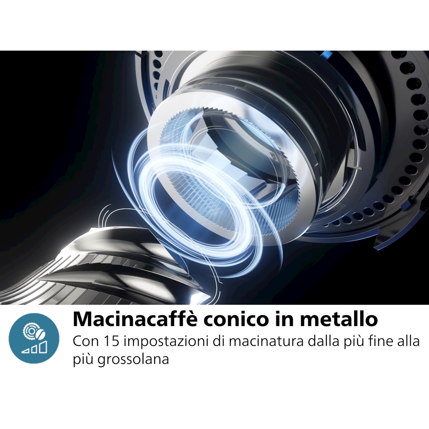 Primo piano di un macinacaffè in metallo. Il testo in basso descrive le impostazioni.