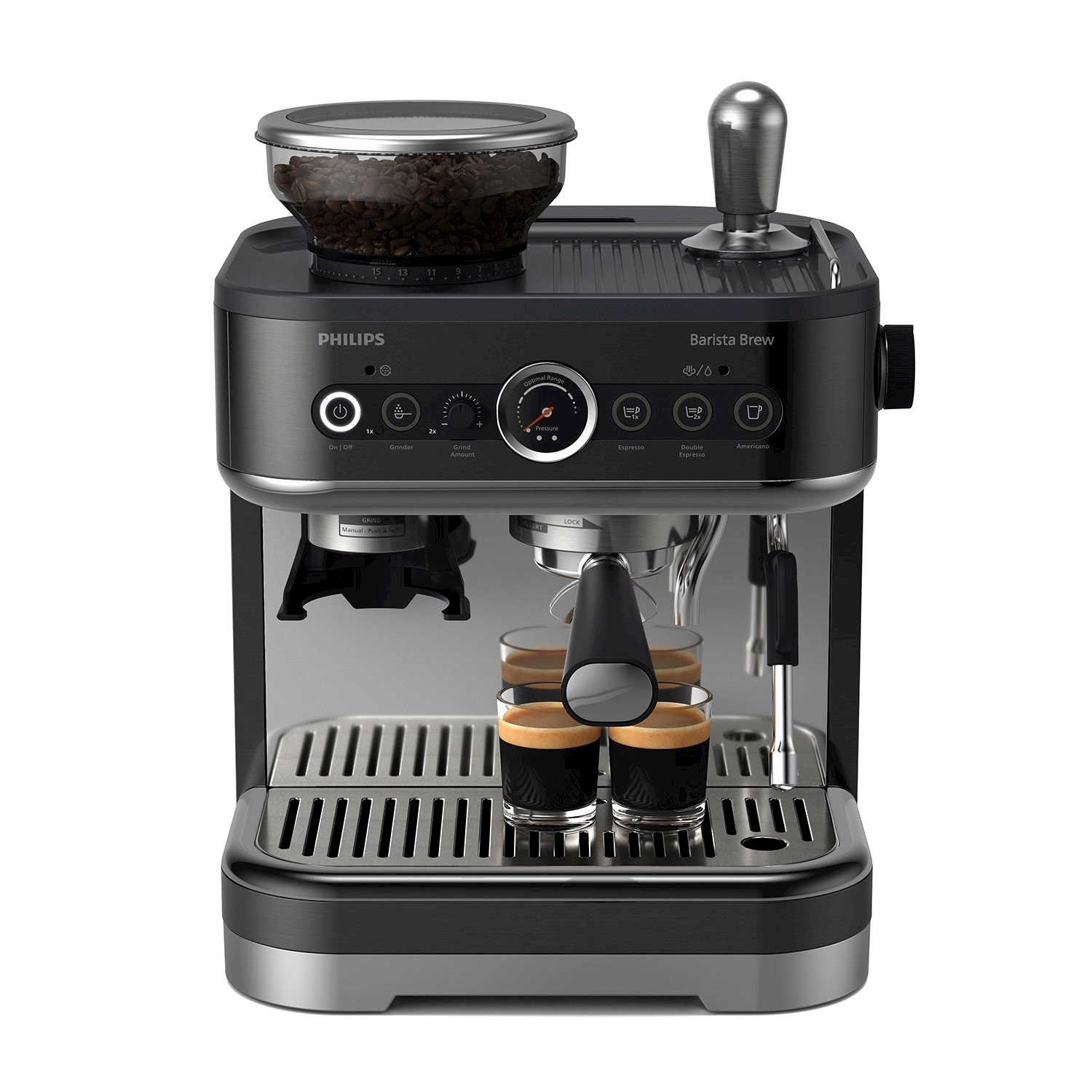 Macchina per espresso nera e argento con due bicchieri. Chicchi di caffè sopra, quadranti e pulsanti.