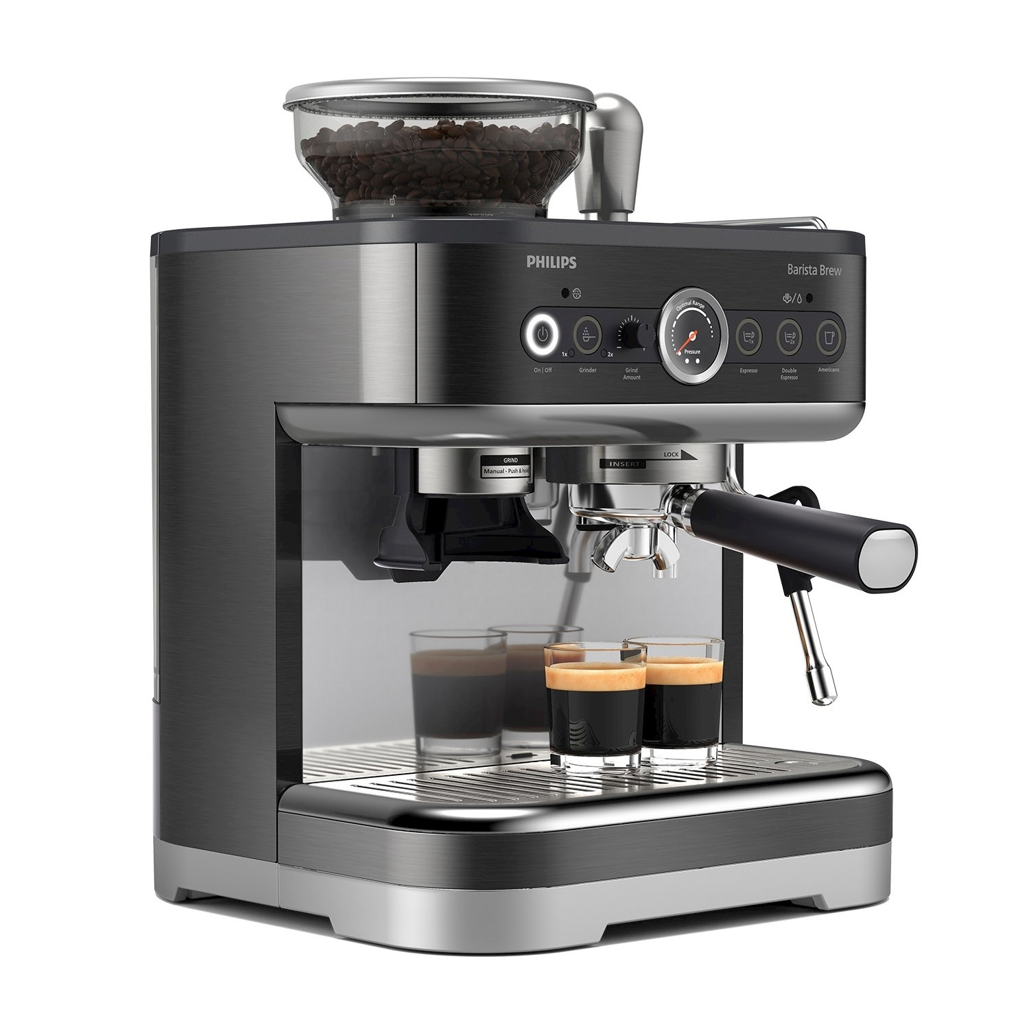 Una macchina per caffè espresso Philips Barista Brew argento e nera con due caffè espresso in bicchieri di vetro.
