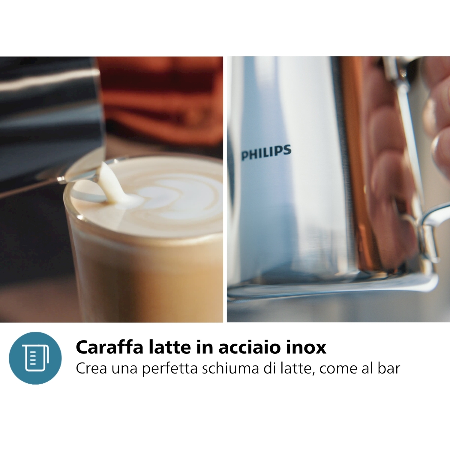 Una persona versa il latte da una brocca d'argento in un bicchiere di caffè.