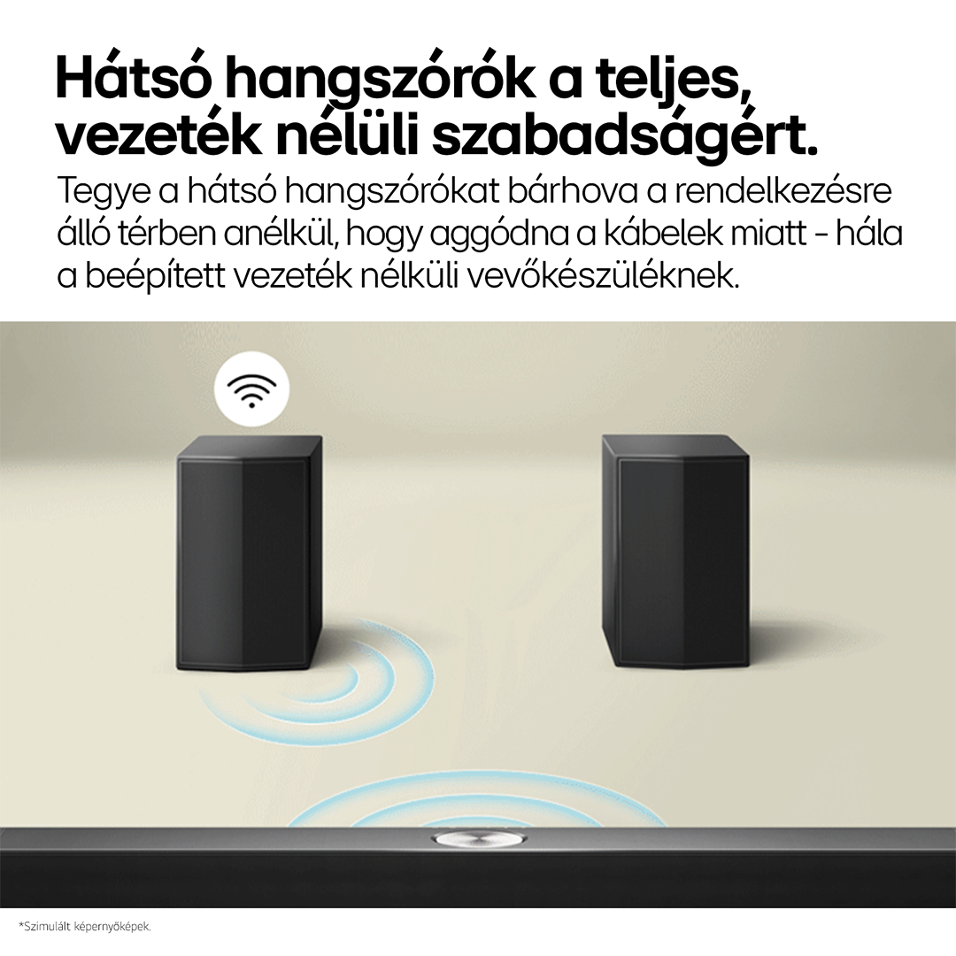 Két fekete hangszóró világos háttéren hanghullámokkal. Magyar szöveg.