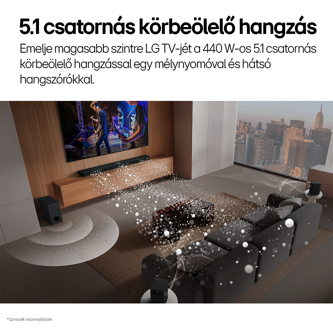 Nappali TV-vel, soundbar-ral, kanapéval és hangszórókkal. Hanghullámok áramlanak a TV-ből és a hangszórókból.