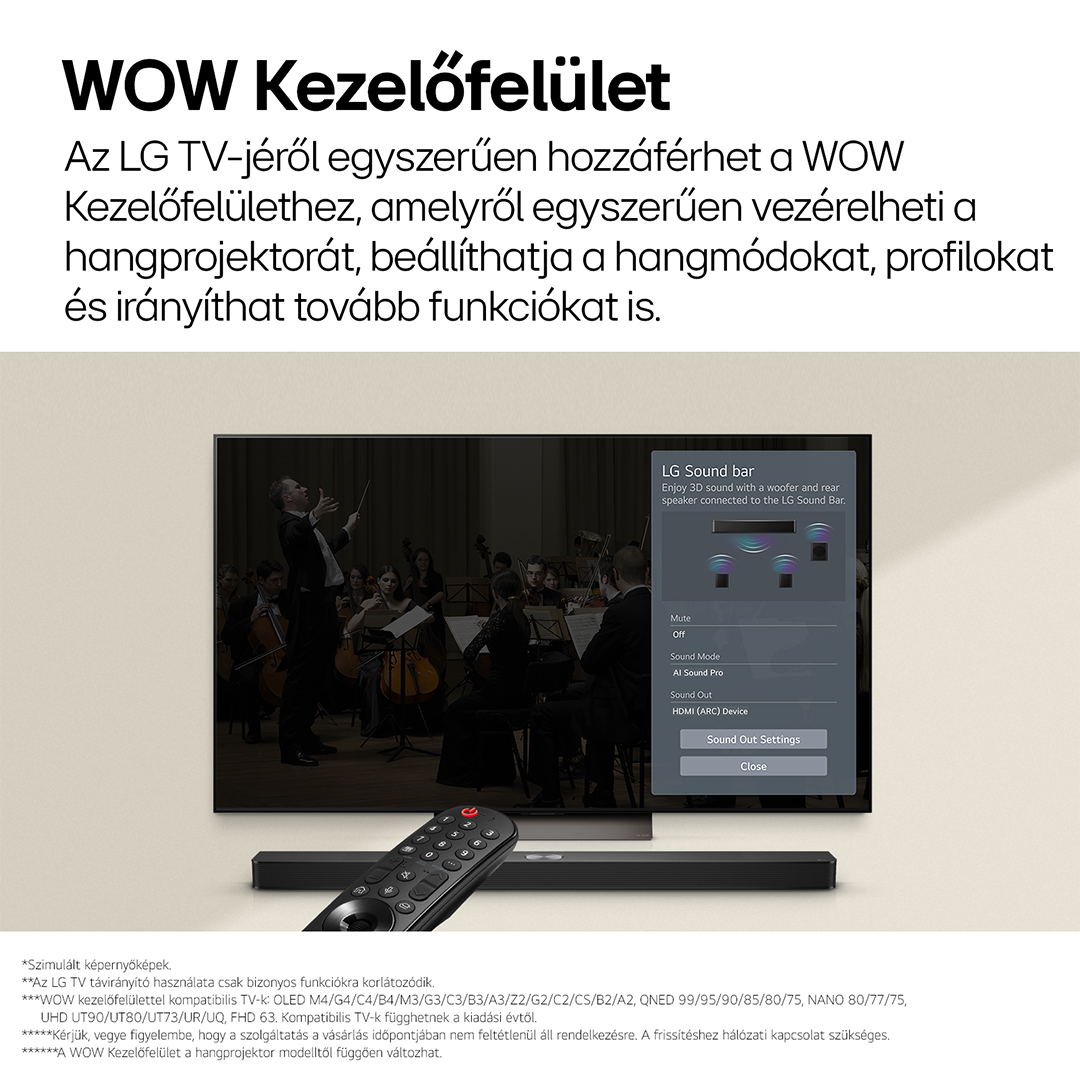 Egy TV képernyő, alatta egy soundbarral és egy távirányítóval. Egy menü jelenik meg.