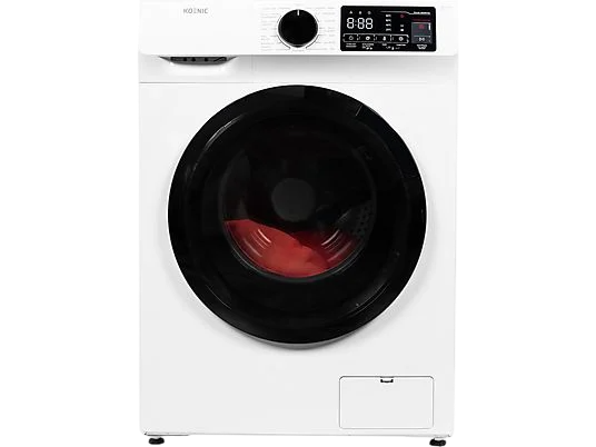 Eine weiße Waschmaschine mit schwarzer Tür. Der Markenname Koenic befindet sich oben.