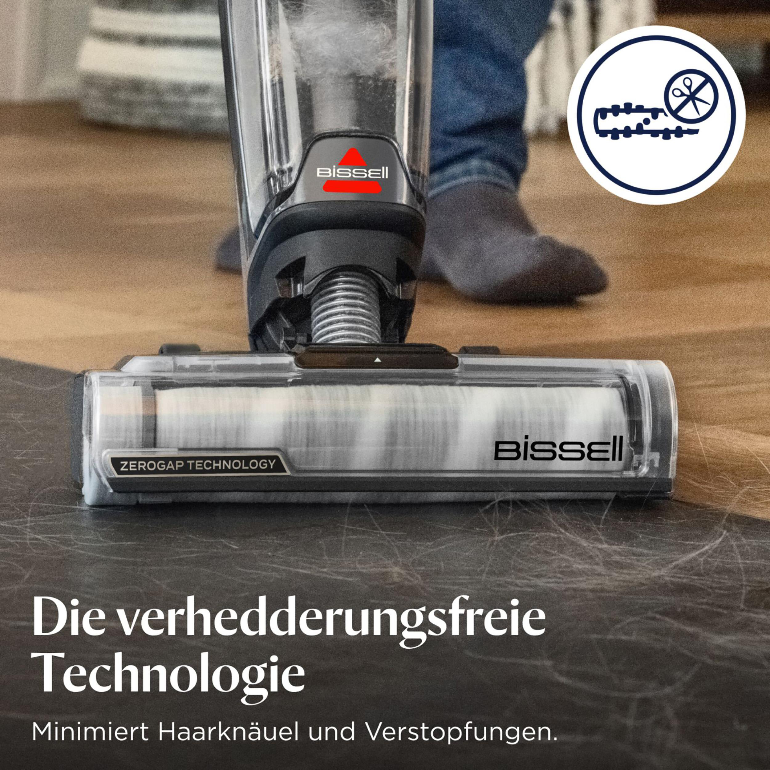 Nahaufnahme eines Bissell-Staubsaugerkopfes mit den Worten 'ZeroGap Technology' und einem Logo.