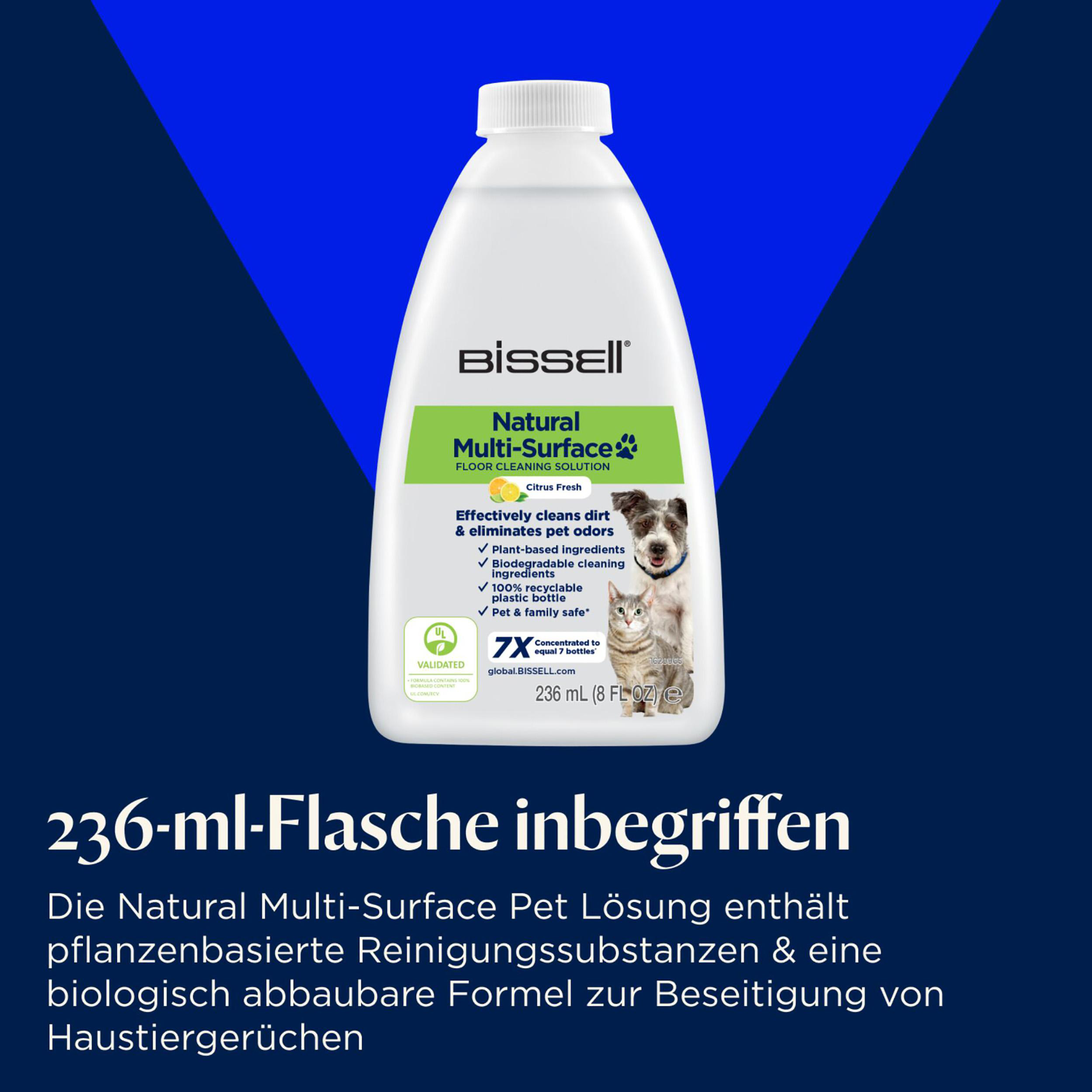 Bissell Bodenreiniger-Flasche. Text sagt, dass es Schmutz effektiv reinigt und Tiergerüche beseitigt. Enthält Hund- und Katzenbilder.