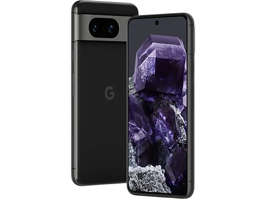 Zwei schwarze Google Pixel 7 Smartphones, mit der Rückseite des einen und dem Bildschirm des anderen, der lila Kristalle zeigt.