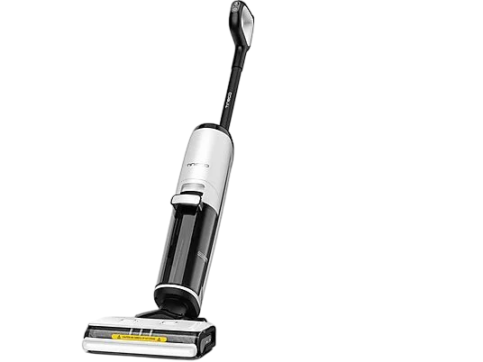 Weiß-schwarzer kabelloser Staubsauger, Schrägansicht vor schwarzem Hintergrund.