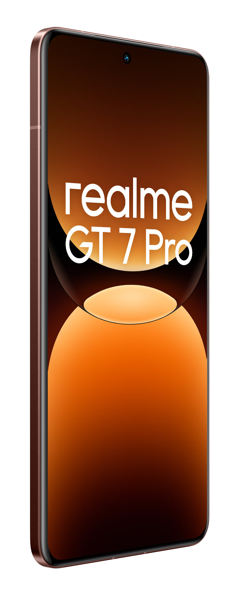 Telefon z brązową ramką i ekranem wyświetlającym logo Realme GT 7 Pro.