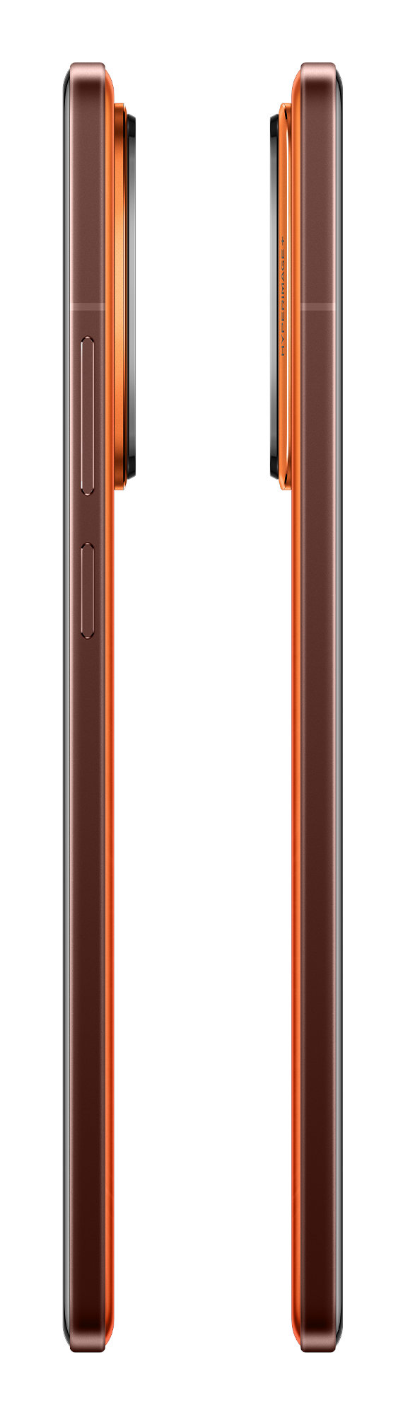 Dwa widoki z boku brązowego smartfona z wypukłością aparatu. Prawy bok ma przycisk i regulację głośności.