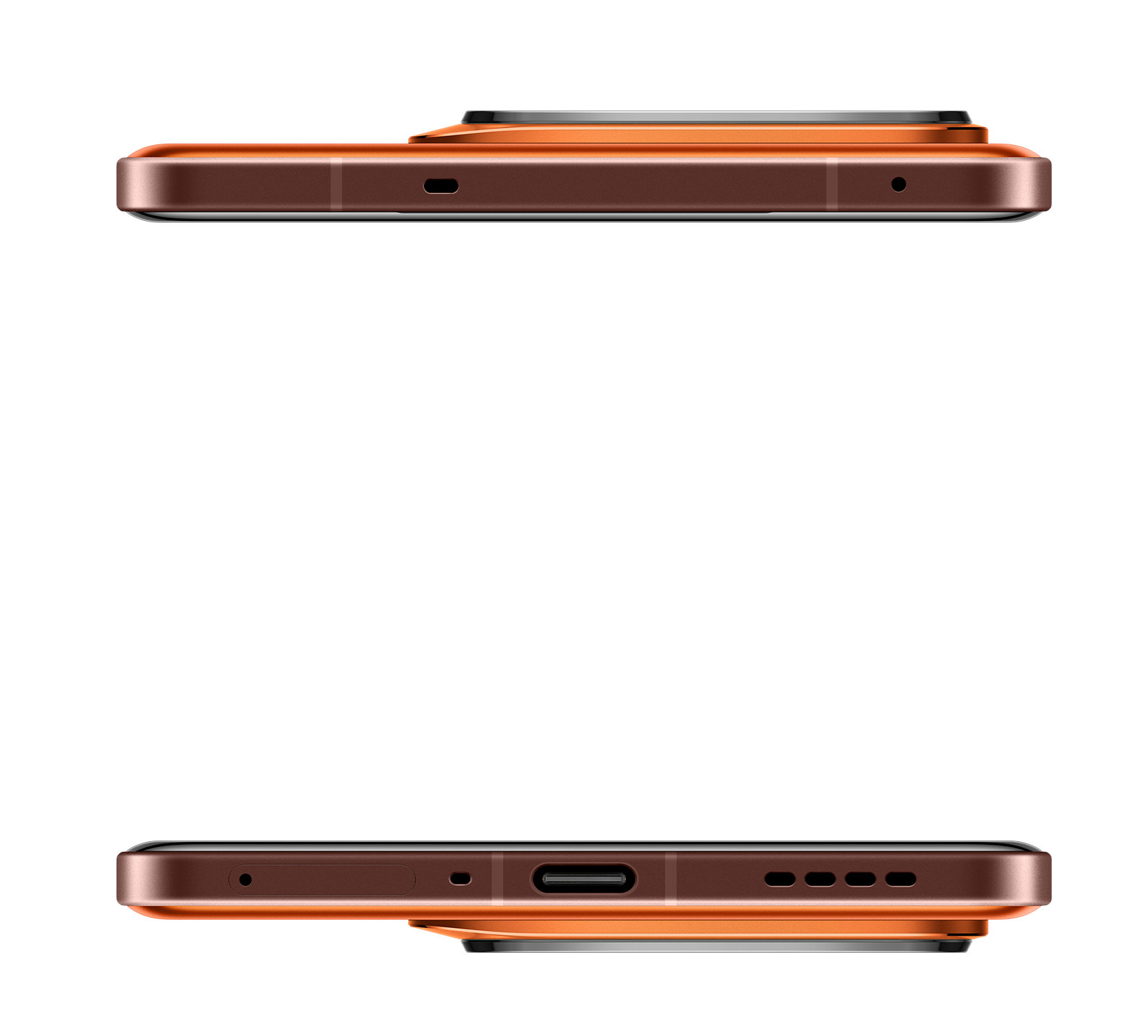Widok z góry i z dołu telefonu komórkowego, brązowy, z wypukłością aparatu.