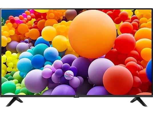 Ein Fernsehbildschirm mit bunten, schwebenden Kugeln. Der Fernseher hat schwarze Beine und einen schwarzen Rahmen.