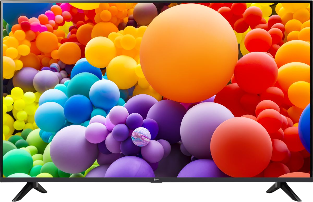 Ein Fernsehbildschirm, der farbenfrohe Kugeln unterschiedlicher Größe und Farbe anzeigt. LG-Logo unten.
